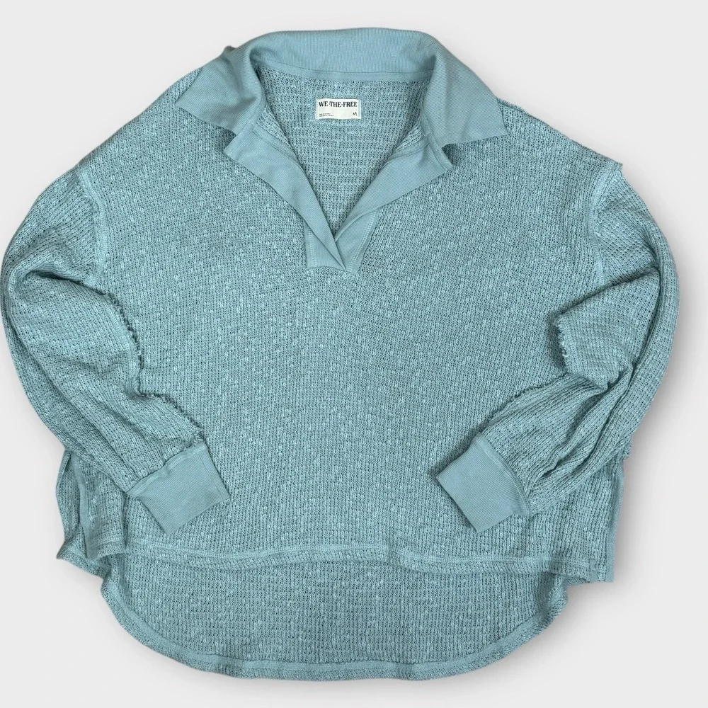 Free People We The Free Knit Catch Waves Hacci Blue Collar Top Sweater‎ Size M